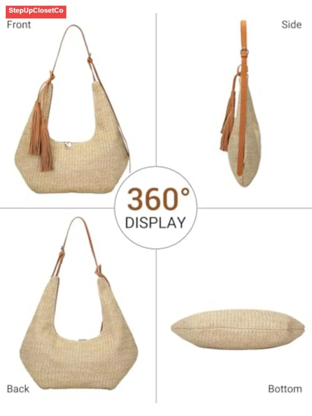Handwoven Straw Fringe Hobo Shoulder Bag with Removable Tassel, Crossbody